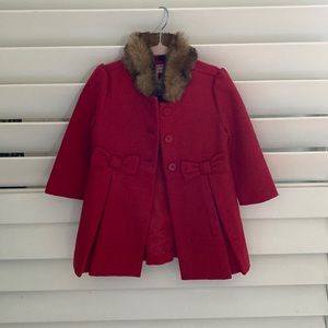 Red Janie and jack pea coat with fur collar